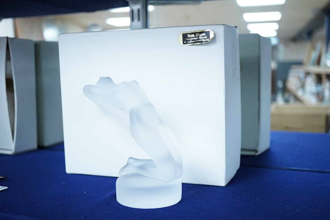 A Lalique frosted glass paperweight of Chrysis, kneeling female nude, 15cm high